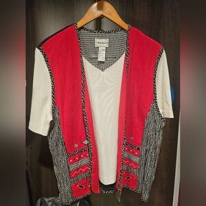 NAPA VALLEY Women Vest Large  Red/black Embroidered w/White Shirt Built Under‎